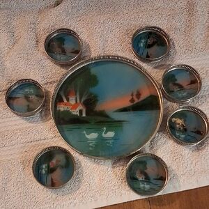 Vintage Scenic Metal Coaster Set